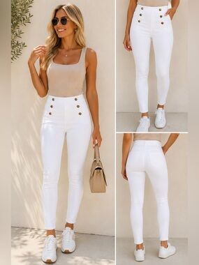 Zara White High-Waist Skinny Pants with Gold Buttons